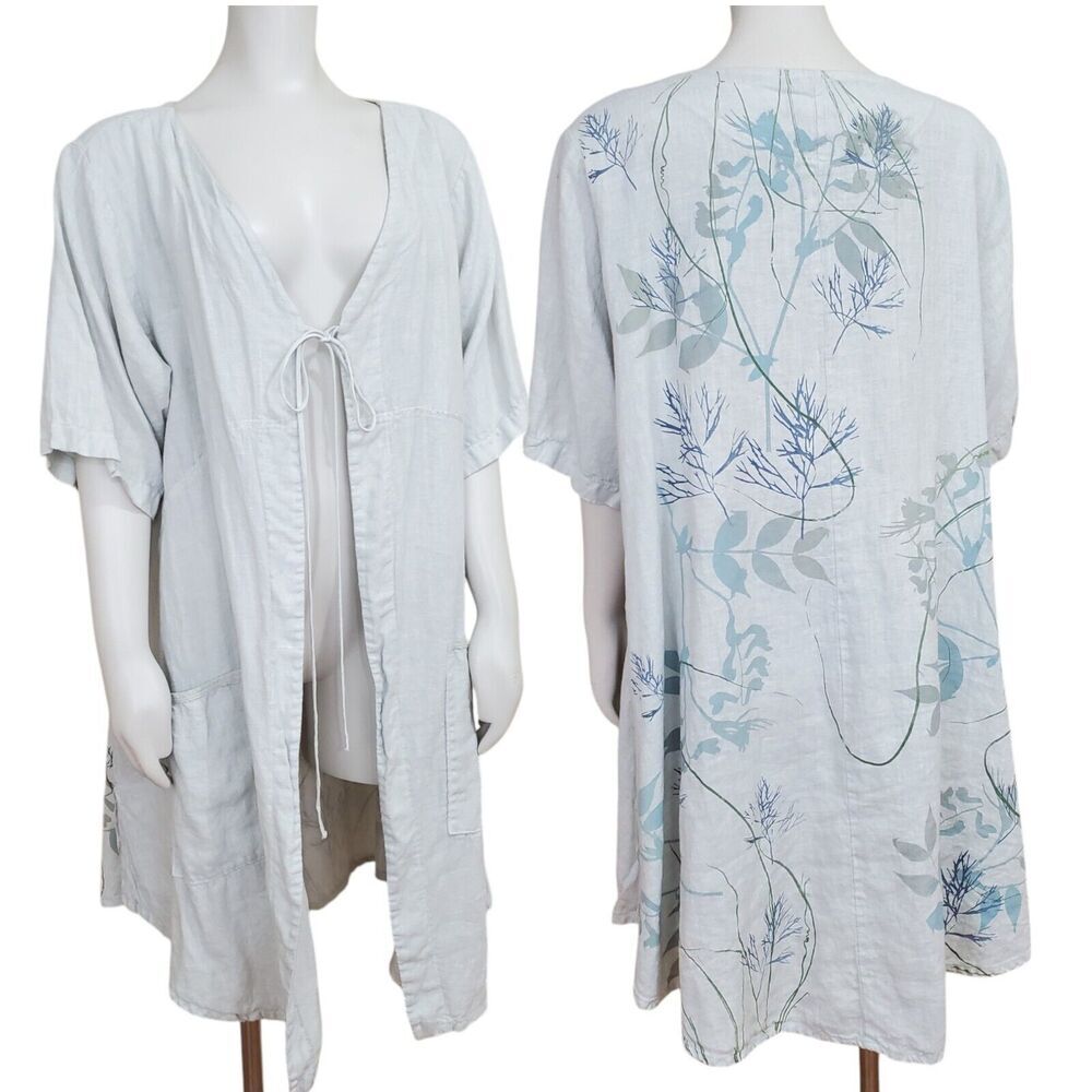 Blue Fish Size 1 Linen tie Front Tunic 5306 Contrast Cardi Dew-P Hand Printed